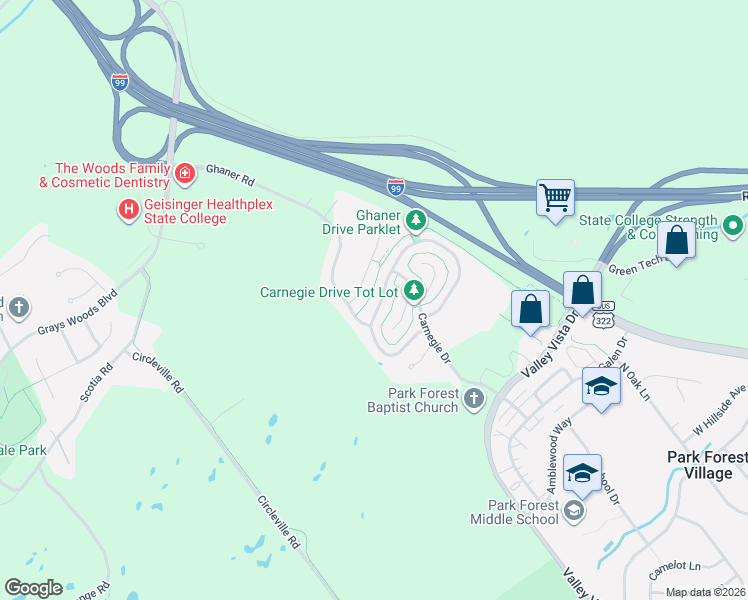map of restaurants, bars, coffee shops, grocery stores, and more near 194 Ghaner Drive in State College