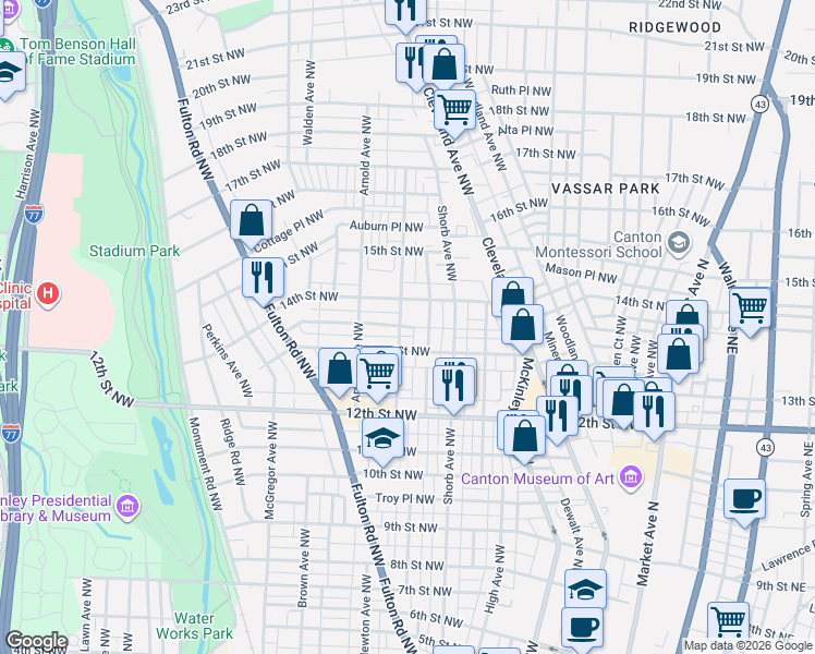 map of restaurants, bars, coffee shops, grocery stores, and more near 1102 Hoover Place Northwest in Canton