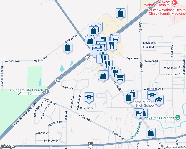 map of restaurants, bars, coffee shops, grocery stores, and more near 1209 Shady Oak Drive in Wabash