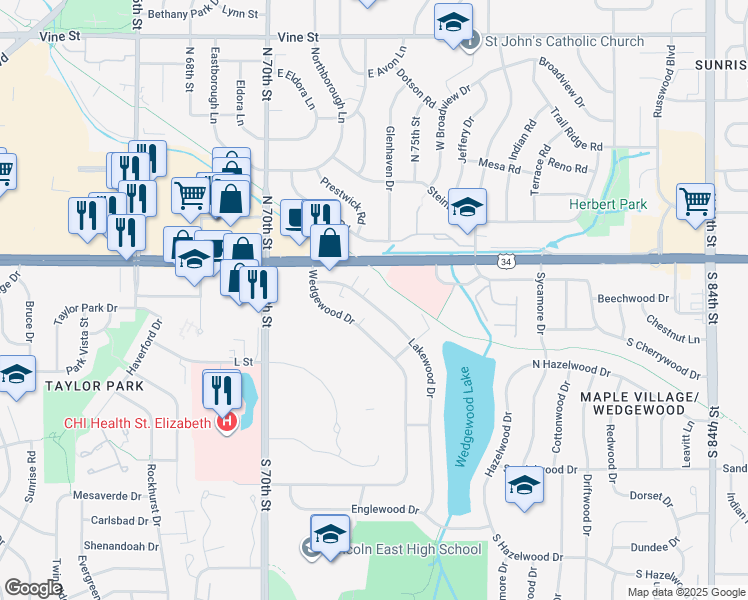 map of restaurants, bars, coffee shops, grocery stores, and more near 205 Lakewood Drive in Lincoln