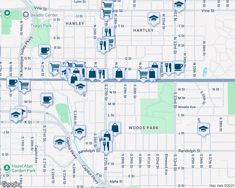 map of restaurants, bars, coffee shops, grocery stores, and more near 211 South 28th Street in Lincoln