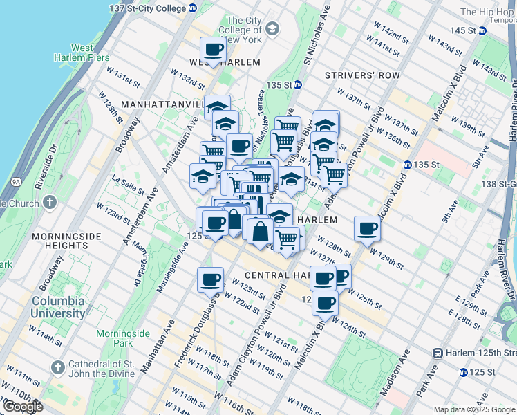 map of restaurants, bars, coffee shops, grocery stores, and more near 2381 Frederick Douglass Boulevard in New York