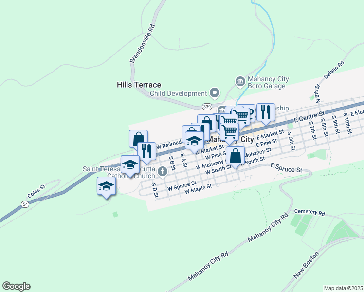 map of restaurants, bars, coffee shops, grocery stores, and more near 329 West Centre Street in Mahanoy City