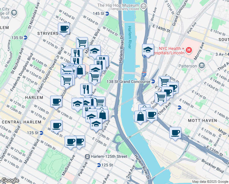 map of restaurants, bars, coffee shops, grocery stores, and more near 45 East 135th Street in New York