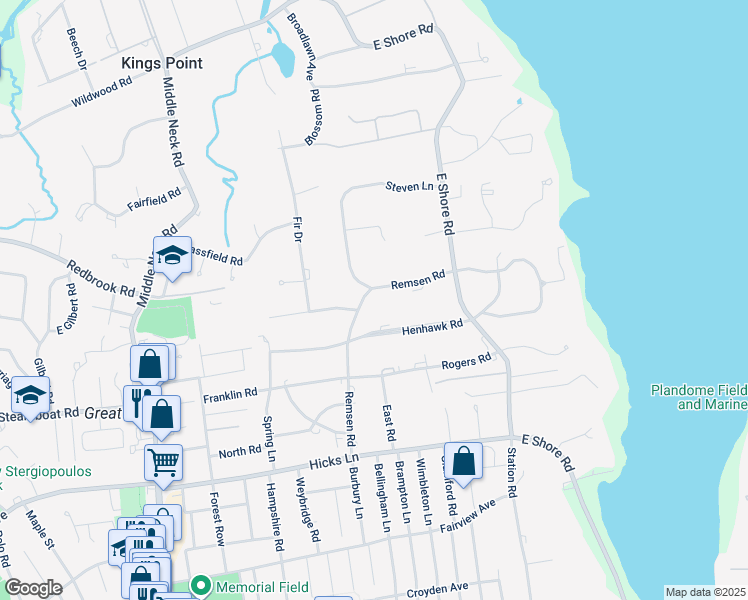map of restaurants, bars, coffee shops, grocery stores, and more near 45 Remsen Road in Kings Point