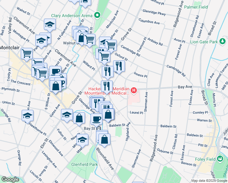 map of restaurants, bars, coffee shops, grocery stores, and more near 30 Claremont Avenue in Montclair