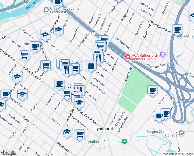 map of restaurants, bars, coffee shops, grocery stores, and more near 613 2nd Avenue in Lyndhurst