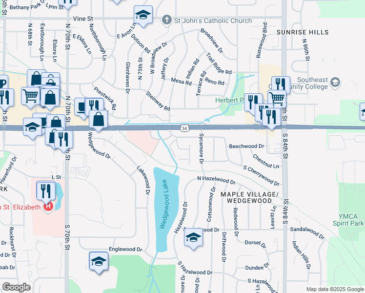 map of restaurants, bars, coffee shops, grocery stores, and more near 7640 Maple Village Drive in Lincoln