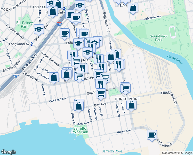 map of restaurants, bars, coffee shops, grocery stores, and more near 1312A Randall Avenue in The Bronx