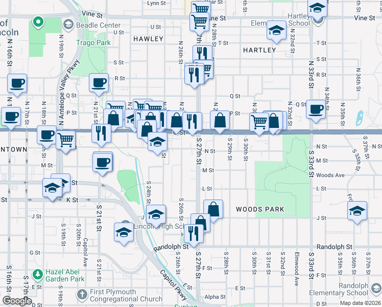 map of restaurants, bars, coffee shops, grocery stores, and more near 2635 N Street in Lincoln