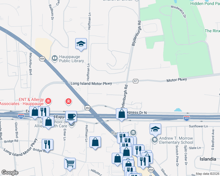map of restaurants, bars, coffee shops, grocery stores, and more near 1482 Motor Parkway in Hauppauge