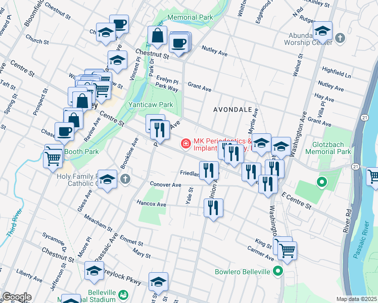 map of restaurants, bars, coffee shops, grocery stores, and more near 180 Centre Street in Nutley