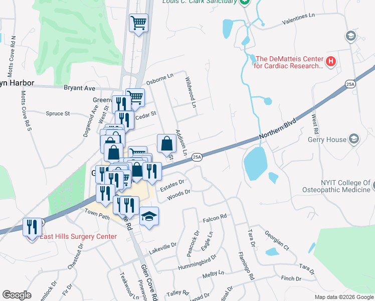 map of restaurants, bars, coffee shops, grocery stores, and more near 2 Addison Lane in Greenvale