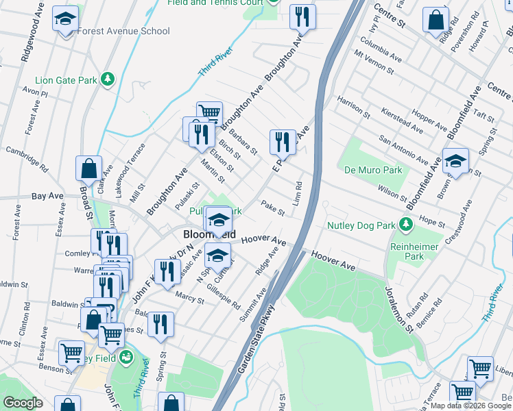 map of restaurants, bars, coffee shops, grocery stores, and more near 2 Andrew Court in Bloomfield