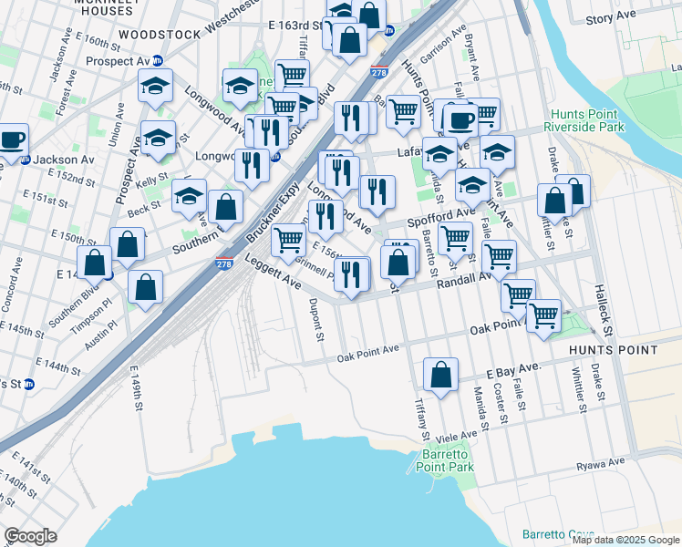 map of restaurants, bars, coffee shops, grocery stores, and more near 1179 Grinnell Place in The Bronx