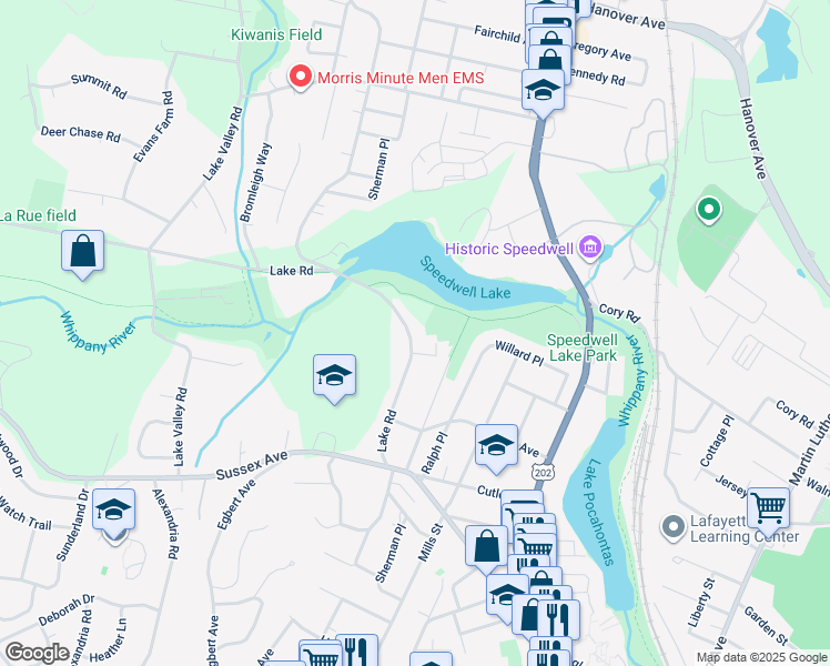 map of restaurants, bars, coffee shops, grocery stores, and more near 61 Lake Road in Morristown