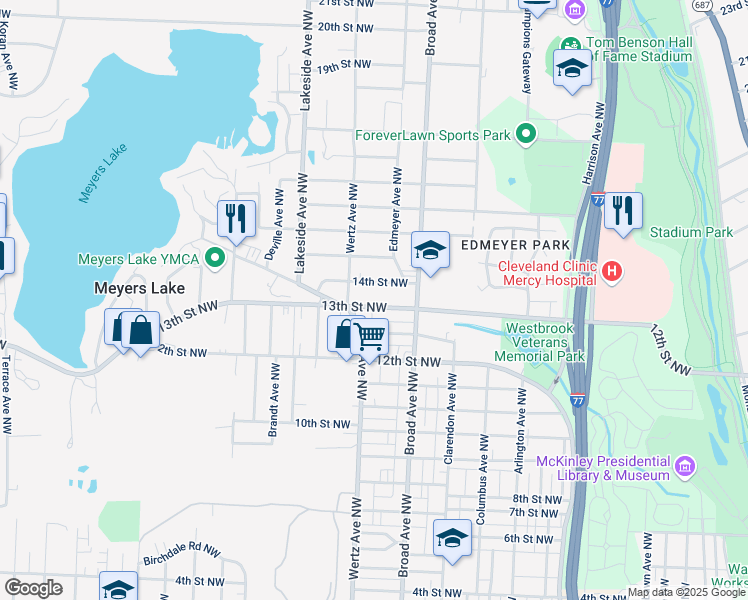 map of restaurants, bars, coffee shops, grocery stores, and more near 2915 13th St NW in Canton