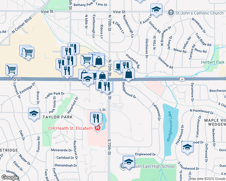 map of restaurants, bars, coffee shops, grocery stores, and more near 240 South 70th Street in Lincoln