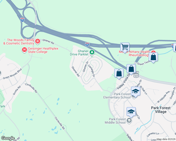 map of restaurants, bars, coffee shops, grocery stores, and more near 3164 Carnegie Drive in State College