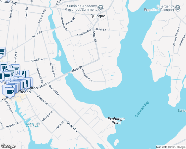 map of restaurants, bars, coffee shops, grocery stores, and more near 29 Sheppard Street in Westhampton Beach