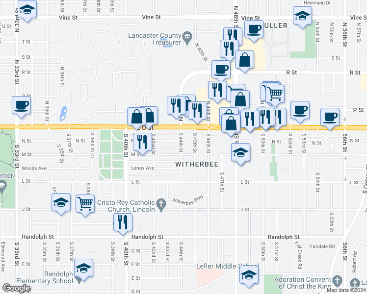 map of restaurants, bars, coffee shops, grocery stores, and more near 212 South 44th Street in Lincoln