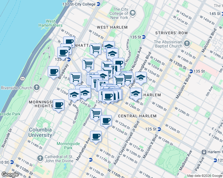 map of restaurants, bars, coffee shops, grocery stores, and more near 371 West 126th Street in New York