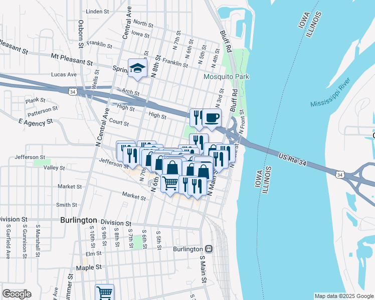 map of restaurants, bars, coffee shops, grocery stores, and more near 501 North 4th Street in Burlington