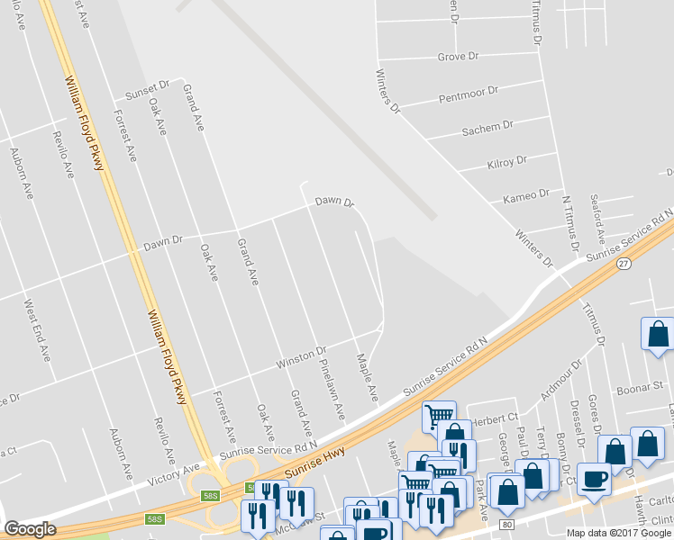 map of restaurants, bars, coffee shops, grocery stores, and more near 98 Maple Avenue in Shirley