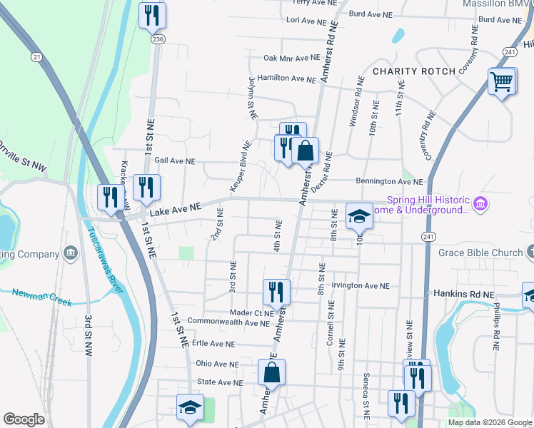 map of restaurants, bars, coffee shops, grocery stores, and more near 330 Indiana Avenue Northeast in Massillon