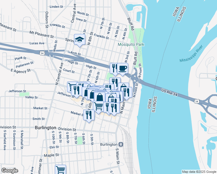 map of restaurants, bars, coffee shops, grocery stores, and more near 501 North 4th Street in Burlington