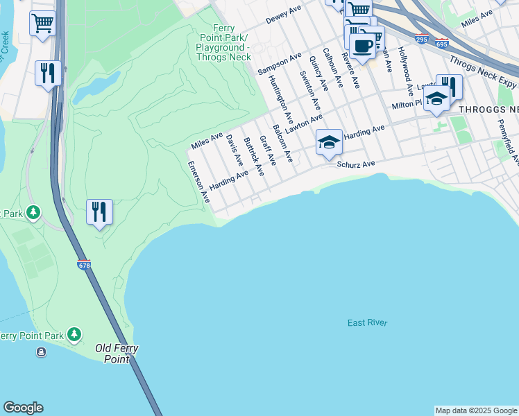 map of restaurants, bars, coffee shops, grocery stores, and more near 1 Angelas Place in Bronx