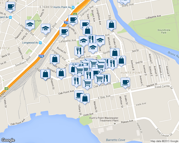 map of restaurants, bars, coffee shops, grocery stores, and more near in Bronx