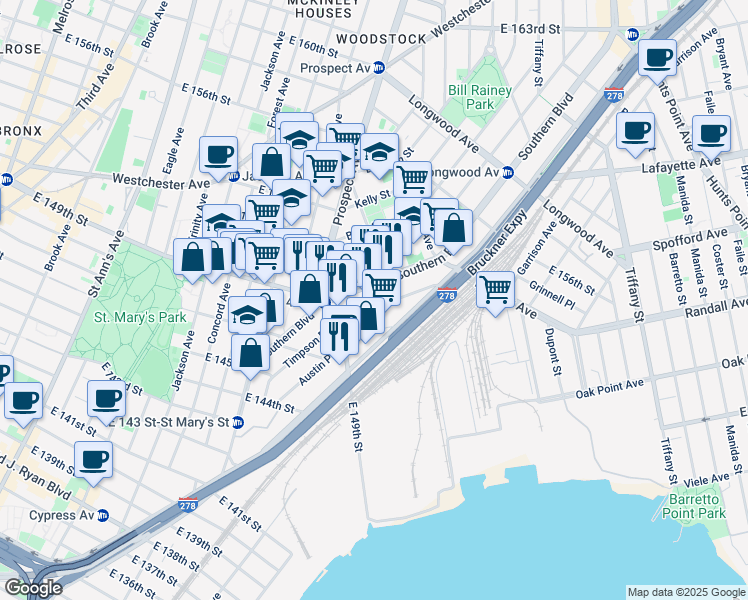 map of restaurants, bars, coffee shops, grocery stores, and more near 581 Timpson Place in Bronx