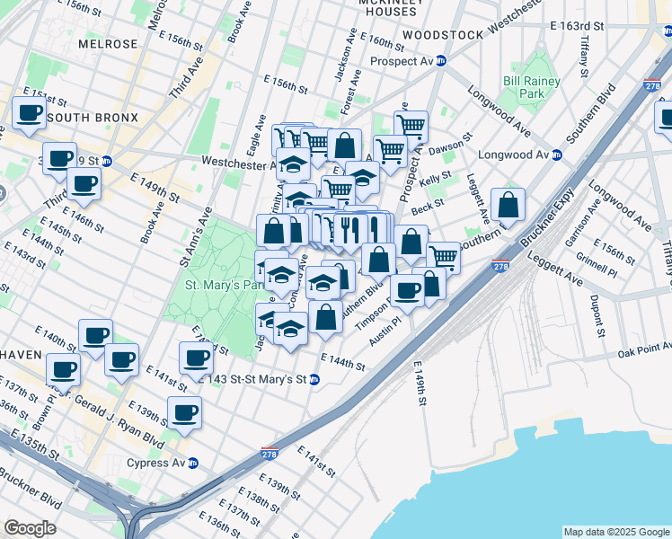 map of restaurants, bars, coffee shops, grocery stores, and more near 540 Tinton Avenue in The Bronx