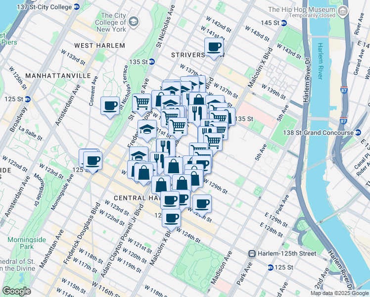 map of restaurants, bars, coffee shops, grocery stores, and more near 2201 Adam Clayton Powell Junior Boulevard in New York
