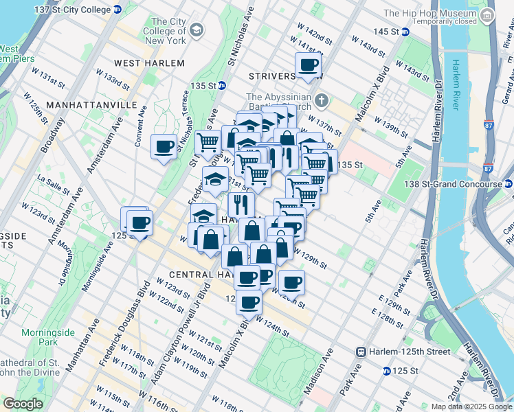 map of restaurants, bars, coffee shops, grocery stores, and more near 2201 Adam Clayton Powell Junior Boulevard in New York