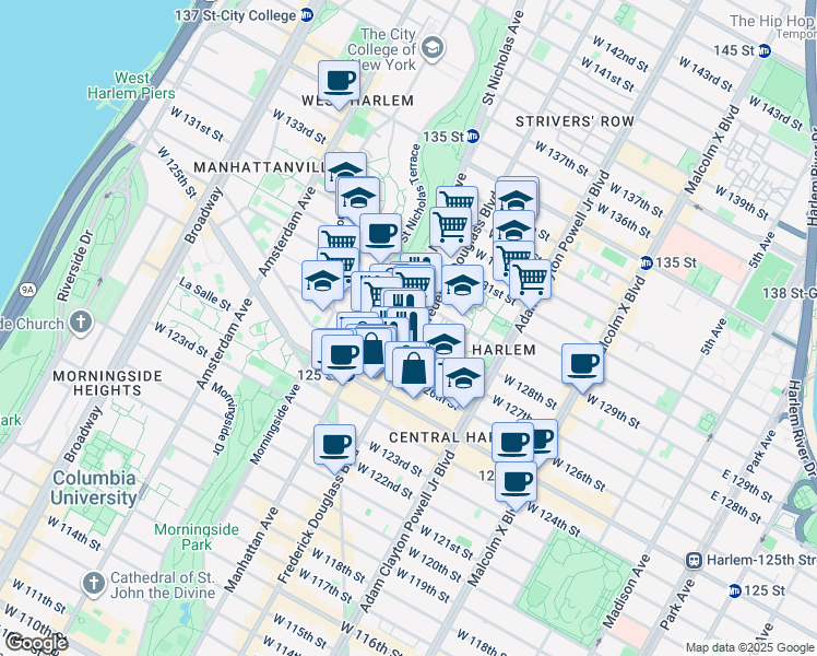 map of restaurants, bars, coffee shops, grocery stores, and more near 2377 Frederick Douglass Boulevard in New York