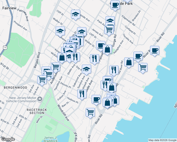 map of restaurants, bars, coffee shops, grocery stores, and more near 214 Riverview Place in Cliffside Park
