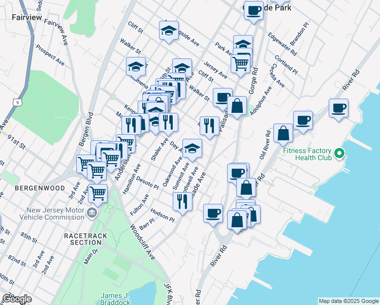 map of restaurants, bars, coffee shops, grocery stores, and more near 15 Oakwood Avenue in Cliffside Park