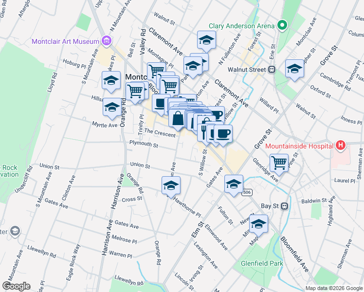 map of restaurants, bars, coffee shops, grocery stores, and more near 11 Seymour Street in Montclair