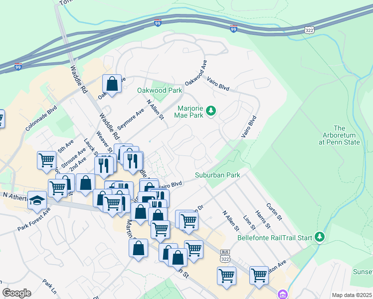 map of restaurants, bars, coffee shops, grocery stores, and more near Unnamed Road in State College