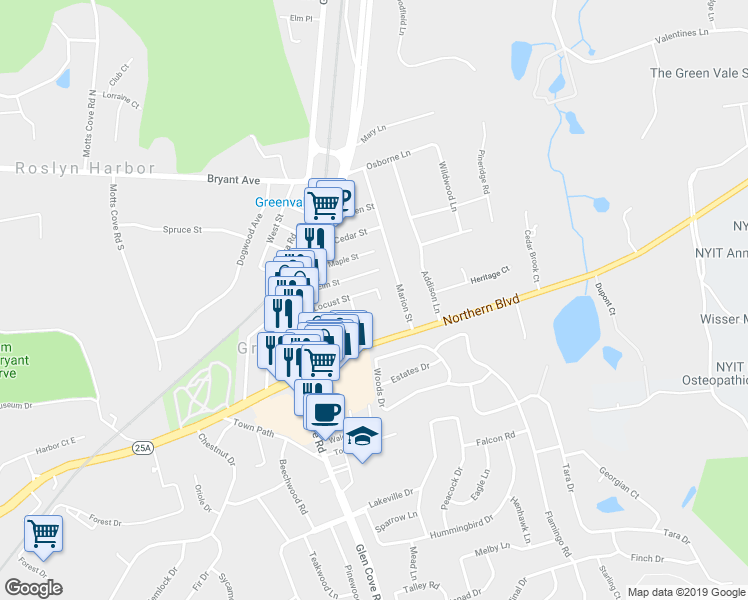 map of restaurants, bars, coffee shops, grocery stores, and more near 44 Locust Street in Greenvale