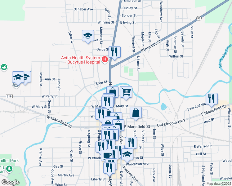 map of restaurants, bars, coffee shops, grocery stores, and more near 116 East Perry Street in Bucyrus