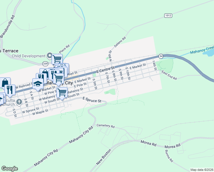map of restaurants, bars, coffee shops, grocery stores, and more near 626 East South Street in Mahanoy City