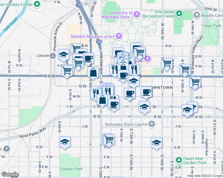 map of restaurants, bars, coffee shops, grocery stores, and more near 226 South 11th Street in Lincoln