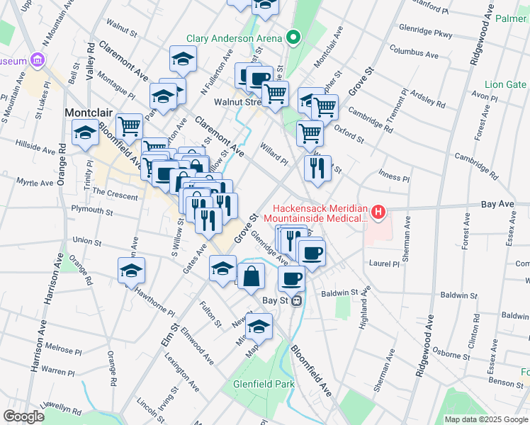 map of restaurants, bars, coffee shops, grocery stores, and more near 69 Grove Street in Montclair