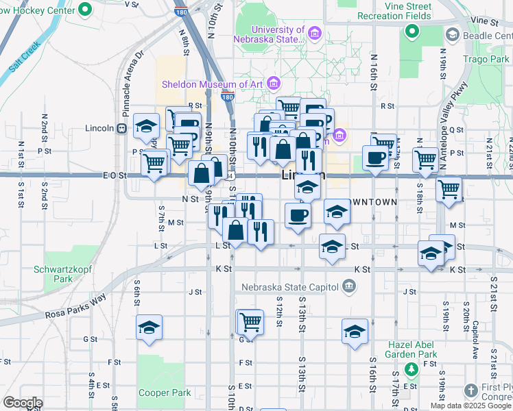 map of restaurants, bars, coffee shops, grocery stores, and more near 226 South 11th Street in Lincoln
