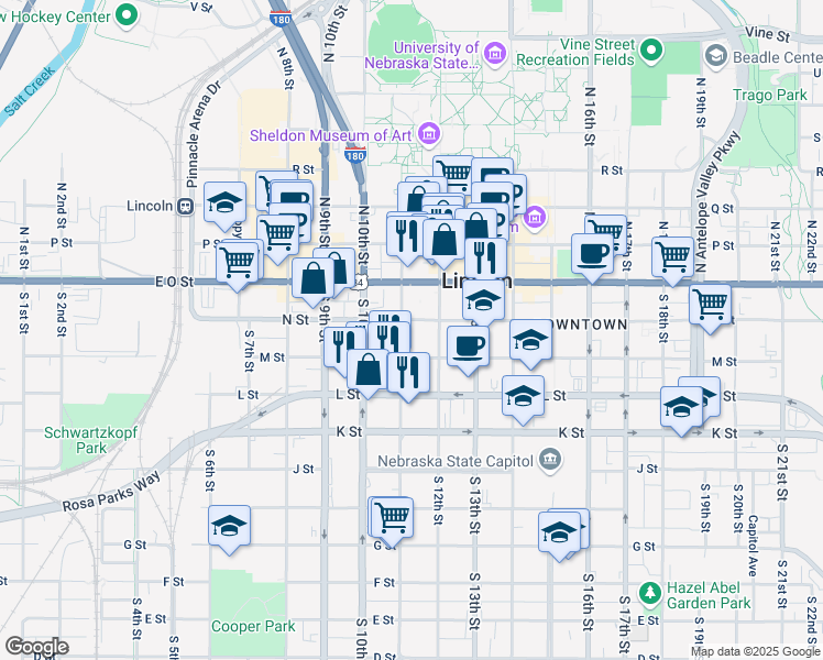 map of restaurants, bars, coffee shops, grocery stores, and more near 1139 N Street in Lincoln