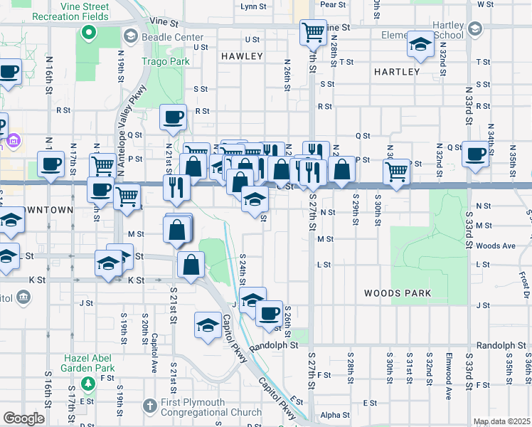 map of restaurants, bars, coffee shops, grocery stores, and more near 2501 N Street in Lincoln