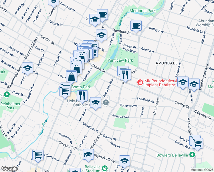 map of restaurants, bars, coffee shops, grocery stores, and more near 94 Brookline Avenue in Nutley